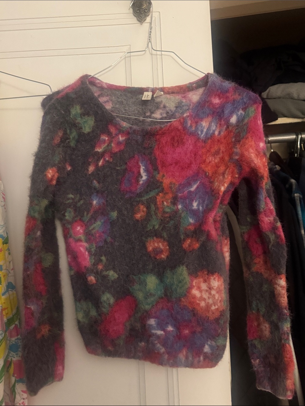 Anthropologie Charcoal Fuzzy Scoop-Neck Sweater with Pink, Red and Green Floral